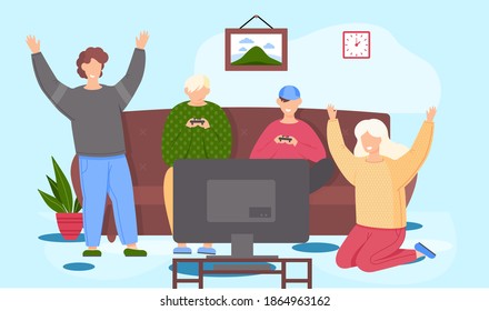 Guys sitting with gamepads and playing. People communicate and spend time together. Family is playing with console at home. Characters raise their hands happily. Men with joysticks watching tv screen