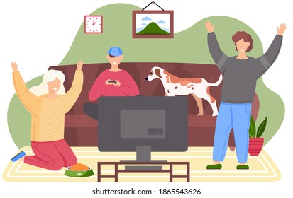 Guys sitting with gamepads and playing. Young people communicate and spend time together. Family is playing with console at home. The dog is on the couch. The characters raise their hands happily