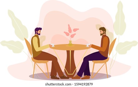 Guys are sitting at a table in a cafe drinking coffee. Restaurant men, businessmen, business negotiations. Flat modern illustration. Vector