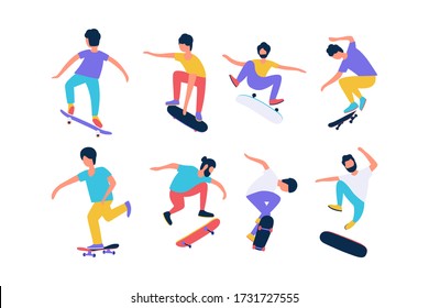 Сollection of guys skateboarding. Colorful flat vector drawing.