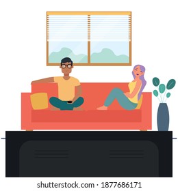 Guys in sofa hygge style design ilustration - Vector