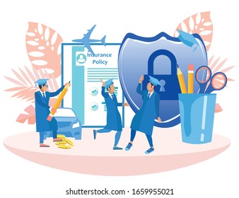 Guys Students on Background Insurance Policy. Insurance Policy. Vector Illustration. Students Completed Studies at University.