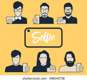 Guys taking self photo - icons set. Hipsters do selfie. Mustache, Beard and Hair Style. Vector illustration.