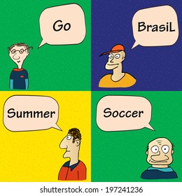 Guys talking about soccer in Brasil. Cartoon vector illustration