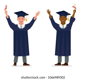 Guys university graduates joyfully bounce. Cartoon vector character illustration on white background.