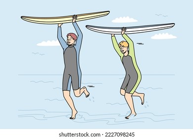 Guys in wetsuits run with surfboards over their heads along seashore. Boys are surfing on ocean on summer vacation. Young men practicing extreme sport on sea. Vector outline colored illustration.