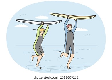 Guys in wetsuits run with surfboards over their heads along seashore. Boys are surfing on ocean on summer vacation. Young men practicing extreme sport on sea. Vector outline colored illustration.