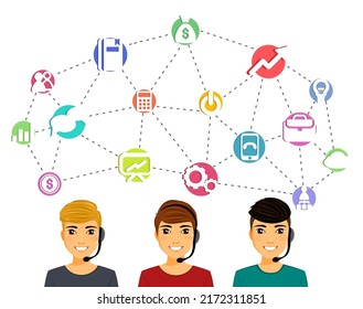 Guys workers of the call center. Customer support concept. Flat style. Cartoon.