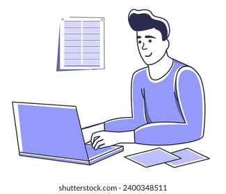 Guy's working on his laptop.  Creating a new project. Creative work. Developing a program. Online. Education. Hobbies. Entertainment. Simple style. 