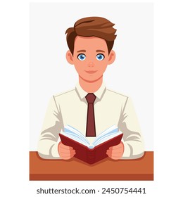 Guy-student reading a book at the desk. Vector. Cartoon concept of studying, working, practicing and getting a profession, internship in an office.