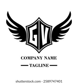 GV A bold winged shield emblem with customizable initials A-Z. Sleek black-and-white vector, perfect for branding, sports teams, motorcycle clubs, gaming,apparel and High-quality
