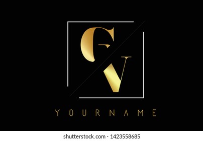 GV Golden Letter Logo with Cutted and Intersected Design and Square Frame Vector Illustration
