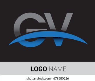 GV initial logo company name colored grey and blue swoosh design.