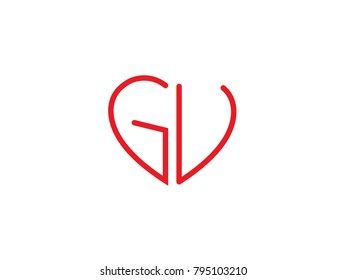 GV initial logo letter with heart shape red colored, logo design for wedding invitation, wedding name and business name.