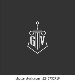 Diseño del logotipo de la firma de leyes de monograma inicial de GV con espada y pilar