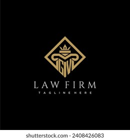 Logo inicial de GV en monograma para abogados con pilar en diseño cuadrado creativo