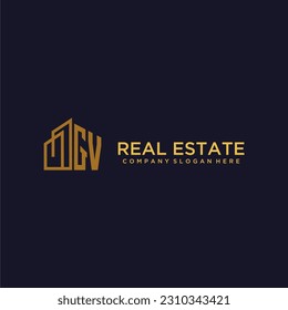 GV initial monogram logo for real estate with building style