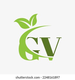 GV Letter Logo with swoosh leaves icon vector.