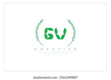 GV letters eco logo with leaf. Fresh nature and healthy leaf logo design.