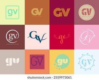 GV logo company template. Letter g and v logotype. Set different classic serif lettering and modern bold text with design elements. Initial font typography. Collection trendy business identity.