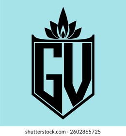 GV Logo featuring a minimalist design with a crown-like flower symbol on top, bold black elements, and a soft blue background, perfect for branding and modern visual identity.
