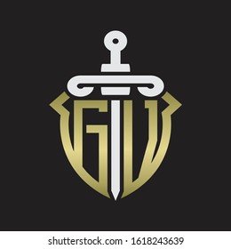 GV Logo monogram with sword and shield combination isolated with gold colors