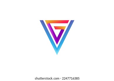 Logo de la letra superior inicial de GV o VG en forma de triángulo con diseño monográfico de gradiente colorido