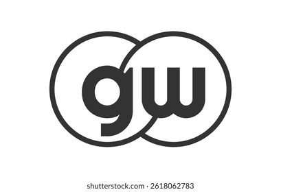 GW business company emblem with outline rounds and letters g w. Logo template of two merged circles for brand identity, logotype. Vector Infinity symbol  and technology sign.