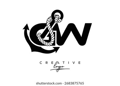 GW Criativo Monograma Latter Logo com âncora e design de corda