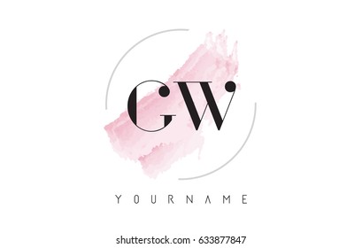 GW G W Watercolor Letter Logo Design with Circular Shape and Pastel Pink Brush.