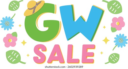 GW Golden Week sale logo, letters and green leaf and flower frame_gwsale