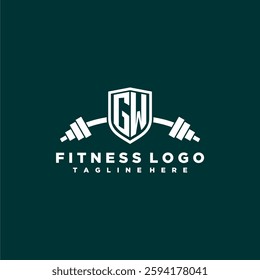 GW initial monogram for fitnes or gym logo with creative shield and barbell design