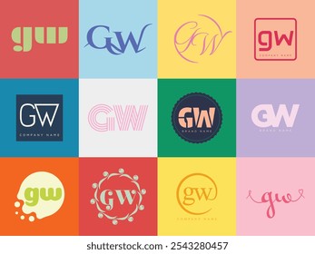 GW logo company template. Letter g and w logotype. Set different classic serif lettering and modern bold text with design elements. Initial font typography. Collection trendy business identity.