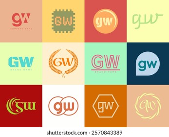 GW logo company template. Letter g and w logotype. Set different classic serif lettering and modern bold text with design elements. Initial font typography. Collection trendy business identity.