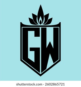 GW Logo featuring a minimalist design with a crown-like flower symbol on top, bold black elements, and a soft blue background, perfect for branding and modern visual identity.