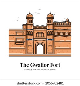 The Gwalior Fort Indian Famous Iconic Landmark Cartoon Line Art Illustration