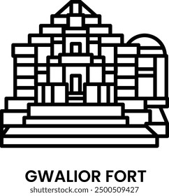 Gwalior Fort, Gwalior, Madhya Pradesh, India. Minimalist line art icon, a historical landmark for web, mobile apps and UI.