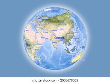 Gwalior-India is shown on vector globe map. The map shows Gwalior-India 's location in the world.