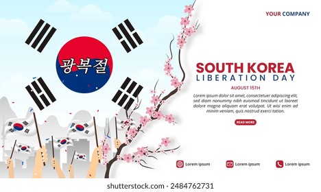 Gwangbokjeol or South Korea Liberation Day background with cherry blossom and waving flags