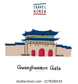 Gwanghwamun Gate emblemático de Corea del Sur viajes Mano trazada color Ilustración