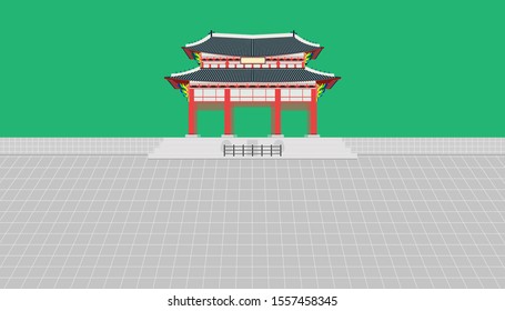 gwanghwamun square gate and long wall and large courtyard at gyeongbokgung palace in seoul south korea vector illustration eps10