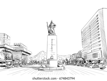 Gwanghwamun Square Statue. Seoul. The Republic of Korea. Hand drawn city sketch. Vector illustration.