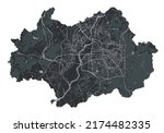 Gwangju vector map. Detailed vector map of Gwangju city administrative area. Cityscape poster metropolitan aria view. Black land with white streets, roads and avenues. White background.