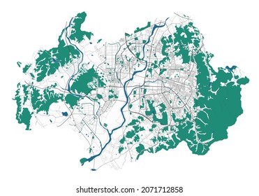 Gwangju-Vektorkarte. Detaillierte Karte der Stadtverwaltung von Gwangju. Stadtlandpanorama. Lizenzfreie Vektorgrafik. Übersicht mit Autobahnen, Straßen, Flüssen. Tourist dekorative Straßenkarte.