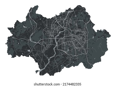 Gwangju-Vektorkarte. Detaillierte Vektorgrafik des Verwaltungsbezirks Gwangju. Stadtbild Poster metropolitan aria view. Schwarzes Land mit weißen Straßen, Straßen und Alleen. Weißer Hintergrund.