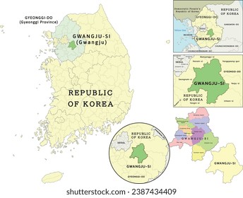 Gwangju-si (Gwangju) liegt auf der Landkarte von Gyeonggi-do (Provinz Gyeonggi) und der Republik Korea (Südkorea). Bekleidet. Vektorgrafik