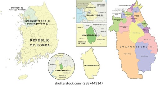 Gwangmyeong-si (Gwangmyeong) location on Gyeonggi-do (Gyeonggi Province) and Republic of Korea (South Korea) map. Clored. Vectored