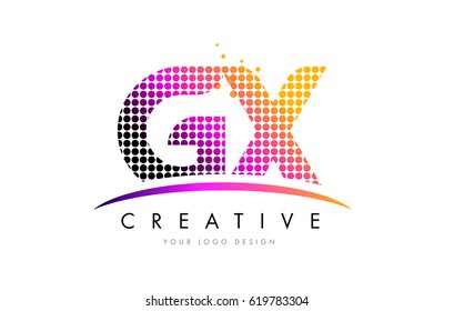 GX G X Dots Letter Logo Design with Magenta Bubble Circles and Swoosh