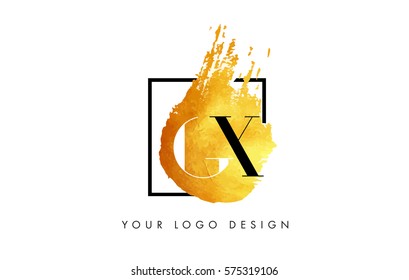 GX Gold Letter Brush Logo. Golden Painted Watercolor Background with Square Frame Vector Illustration.