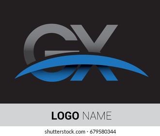 GX initial logo company name colored grey and blue swoosh design.